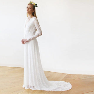 Bestseller Ivory Wrap Floral Lace Long Sleeve Gown with a Train #1151 Maxi XXS-XS Blushfashion