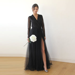 Black wrap tulle dress with chiffon mesh sleeves  #1174 Maxi XXS-XS Blushfashion