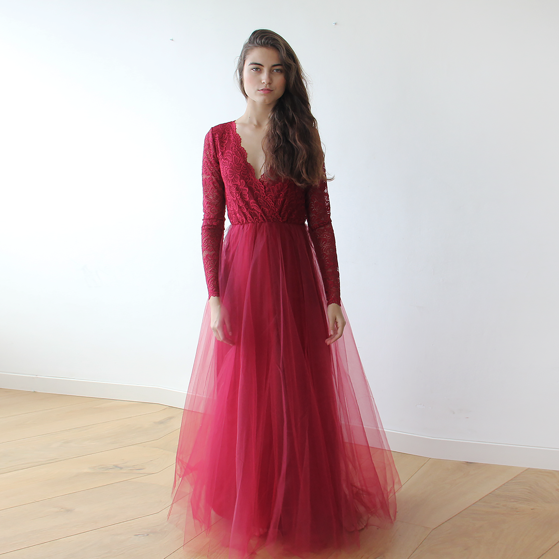 Bordeaux Tulle and Lace Wedding Dress with V Neckline 1125