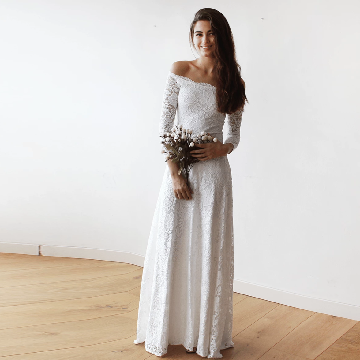 Ivory Off-The-Shoulder Floral Lace Dress #1119 Ivory Off-The-Shoulder Floral Lace Dress #1119