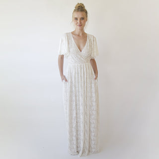 Ivory pearl lace bohemian wedding dress with pockets #1345 Maxi XXS-XS Blushfashion