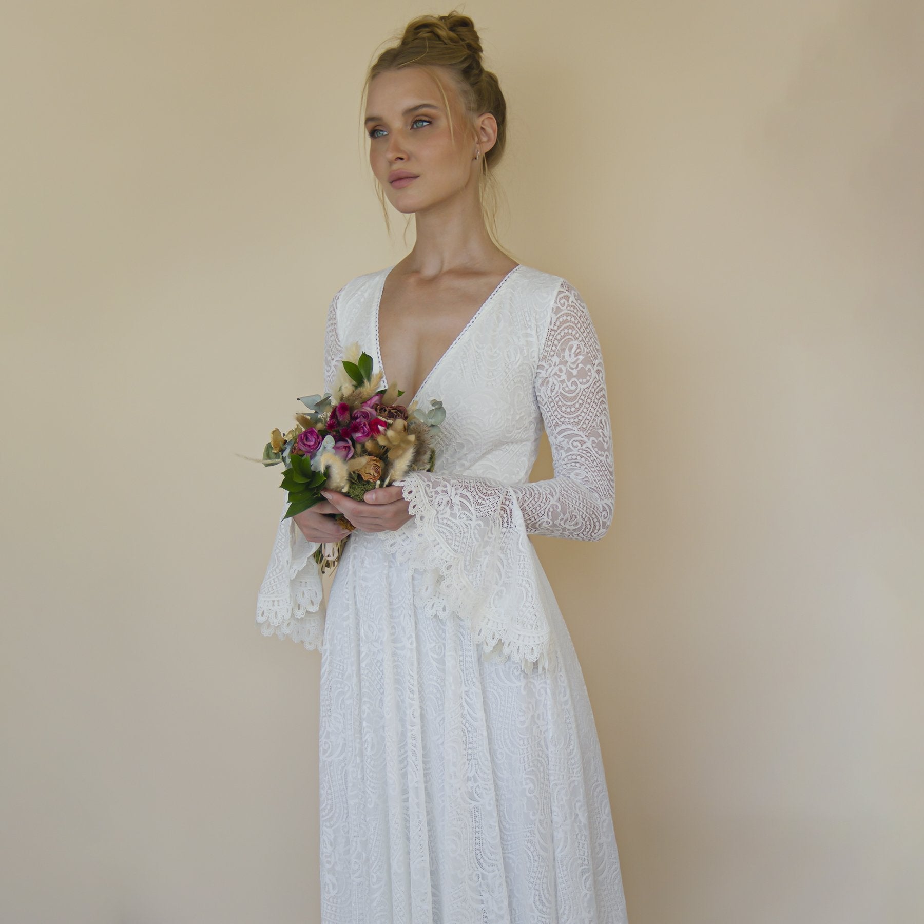 Ivory wrap lace wedding dress with long poet sleeves #1364 Ivory wrap lace wedding dress with long poet sleeves #1364