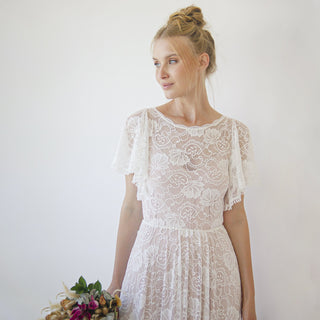 Lace ivory flutter sleeve dress , with a separate blush underlining dress  #1368 Maxi XXS-XS Blushfashion