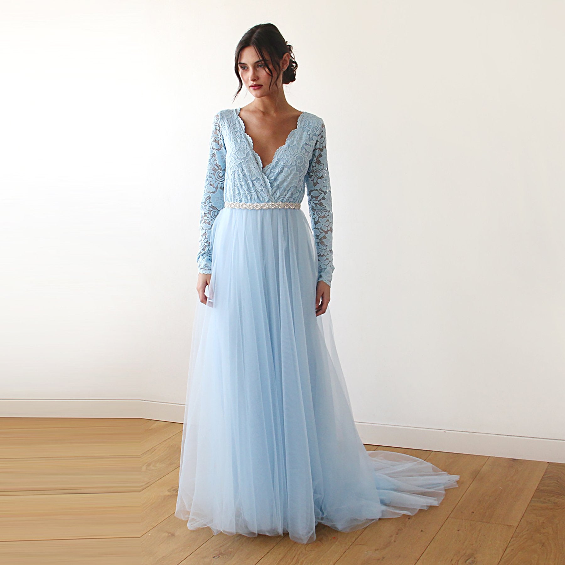 Light Blue Tulle and Lace Dress with Train #1164 Light Blue Tulle and Lace Dress with Train #1164