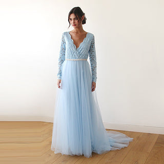 Light Blue Tulle and Lace Dress with Train #1164 Maxi XXS-XS Blushfashion