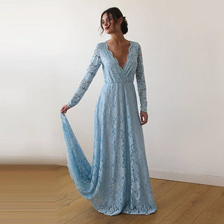 Light Blue Wrap Dress with Train #1151 Maxi XXS-XS Blushfashion