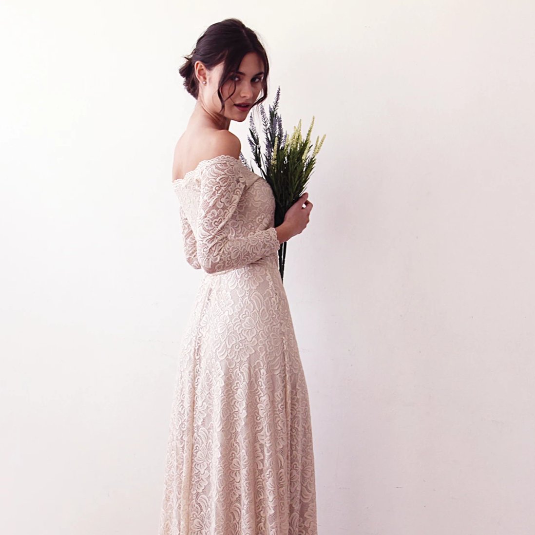 Nude Off-The-Shoulder Floral Lace Dress #1119 Nude Off-The-Shoulder Floral Lace Dress #1119