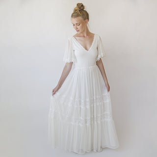 Romantic, Vintage Butterfly Chiffon Sleeves Ivory Wedding Dress #1348 Maxi XXS-XS Blushfashion