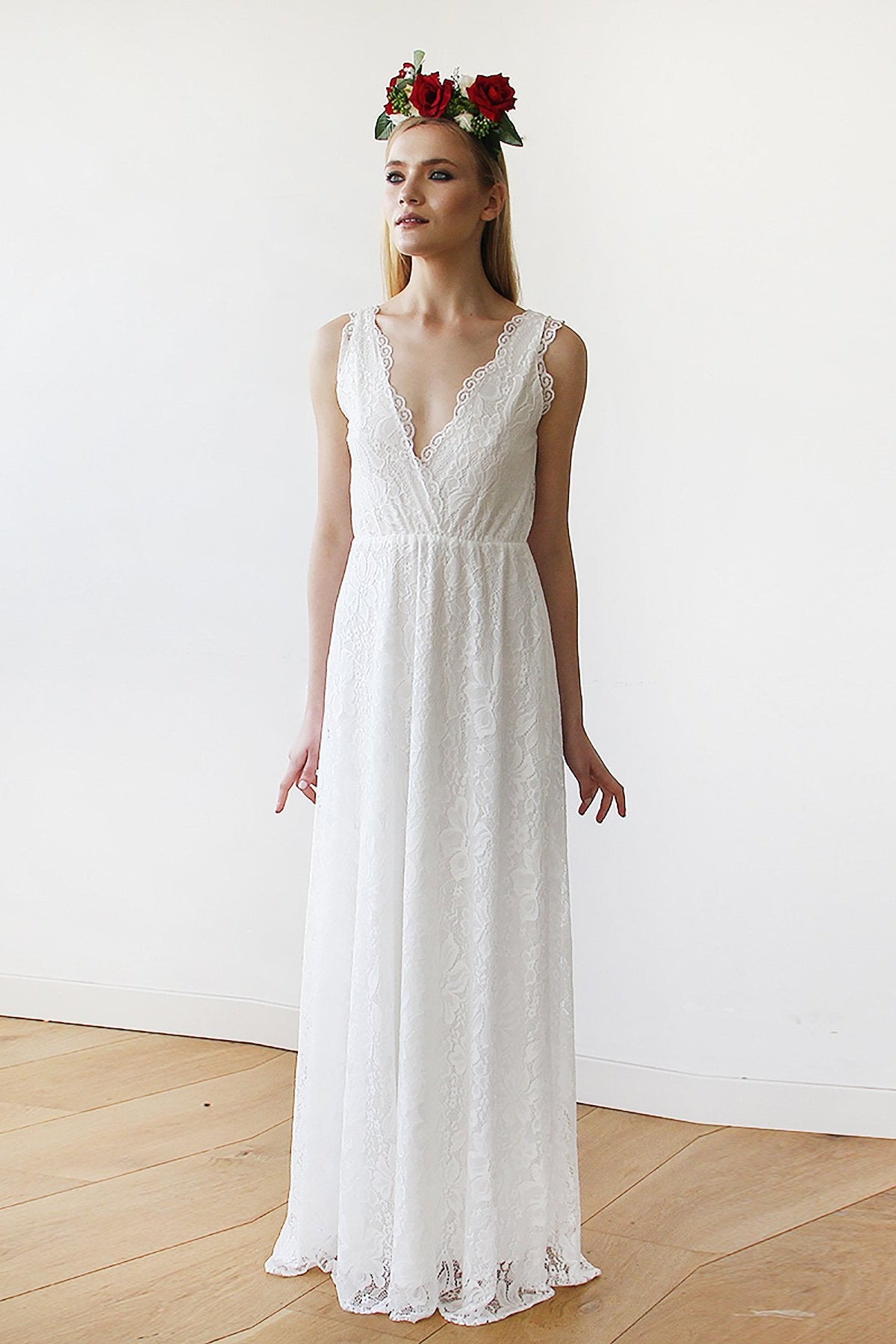Sleeveless Ivory Dress w/ Lace Bodice