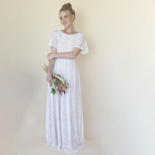 Vintage Lace Wedding Dress, Short Sleeves Modest Pearly wedding dress #1346 Maxi XXS-XS Blushfashion