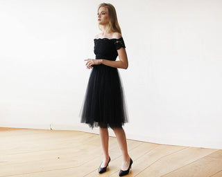 Black Off-the-Shoulders Tulle & Lace Midi  Dress #1153 Midi Blushfashion