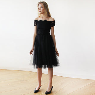 Black Off-the-Shoulders Tulle & Lace Midi  Dress #1153 Midi Custom Order Blushfashion