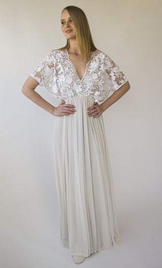 Pearly 3D Floral Lace, V Neckline wedding dress with Batwing short sleeves, circle mash chiffon skirt#1416 Midi Custom Order Blushfashion