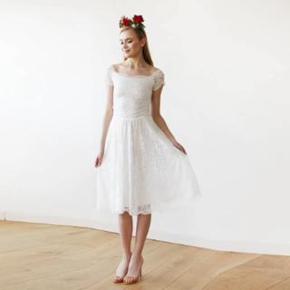 Short wedding dress, Ivory Off-The-Shoulder Midi Dress #1158 Midi Custom Order Blushfashion