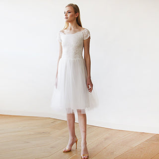 Short wedding dress ,Ivory Off-the-Shoulders Midi  Dress #1153 Midi Custom Order Blushfashion