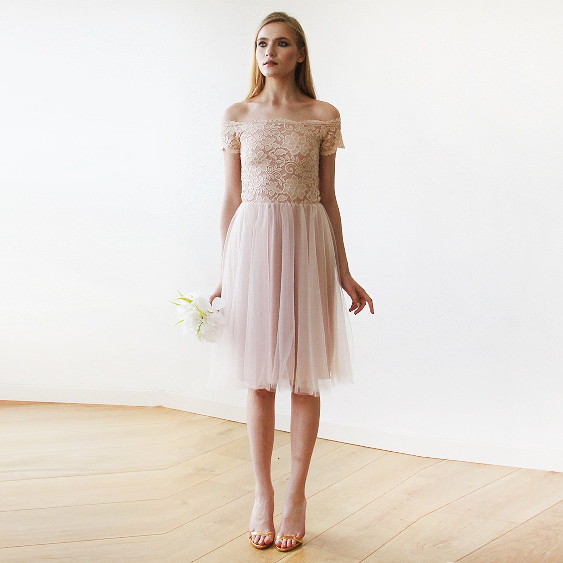 short wedding dresses pink Short wedding dress ,Off-the-Shoulders Blush Pink Tulle & Lace Midi Dress #1153