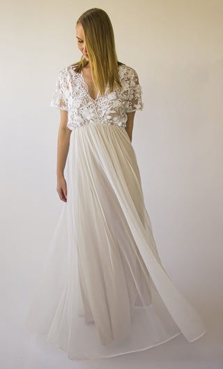 Pearly 3D Floral Lace, V Neckline wedding dress with Batwing short sleeves, circle mash chiffon skirt#1416 Midi Blushfashion