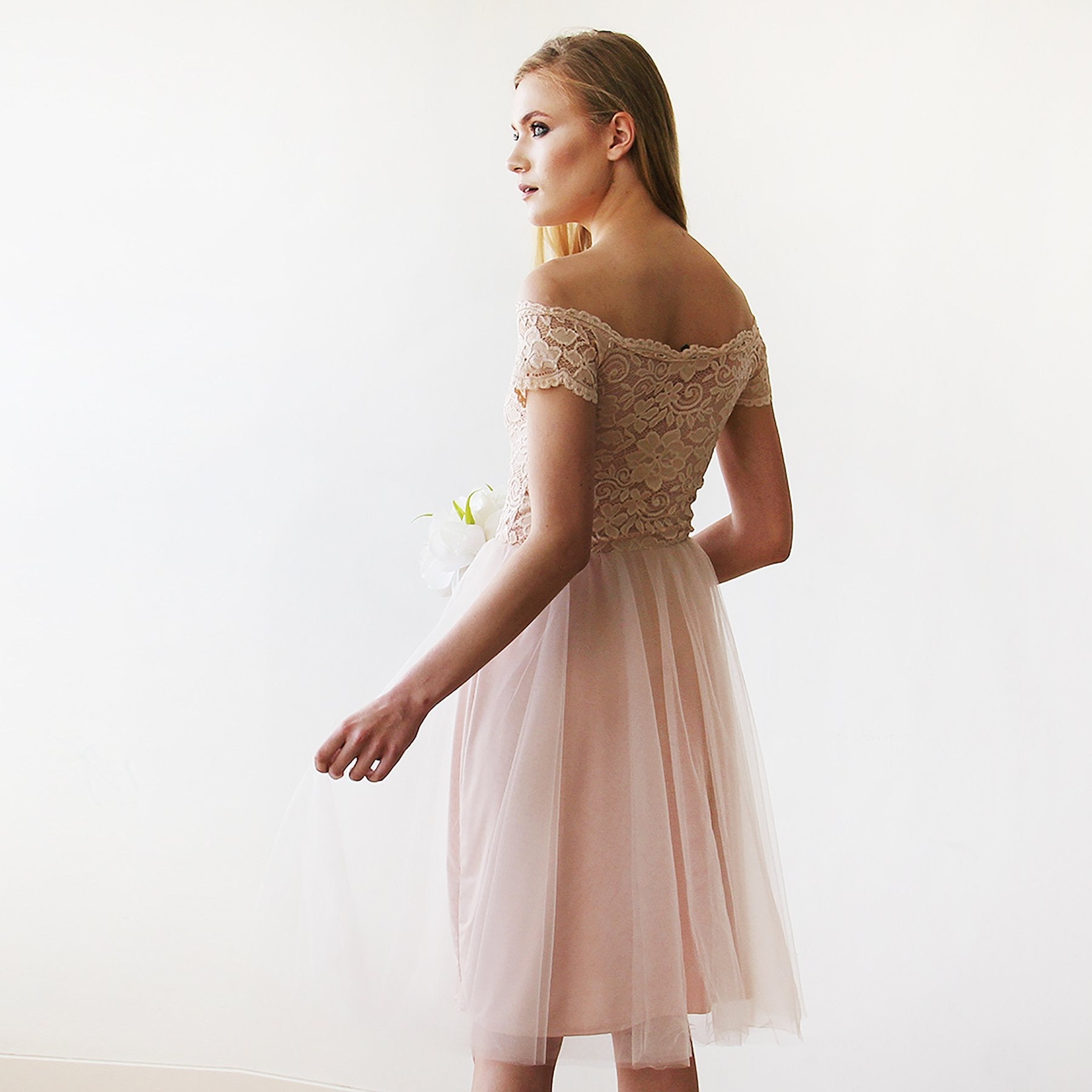 Short wedding dress ,Off-the-Shoulders Blush Pink Tulle & Lace Midi Dress #1153 Short wedding dress ,Off-the-Shoulders Blush Pink Tulle & Lace Midi Dress #1153
