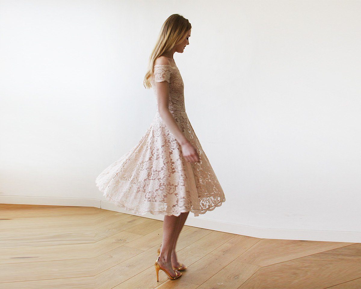 Short wedding dress, Blush Pink Off-The-Shoulder Midi Dress #1158 Short wedding dress, Blush Pink Off-The-Shoulder Midi Dress #1158