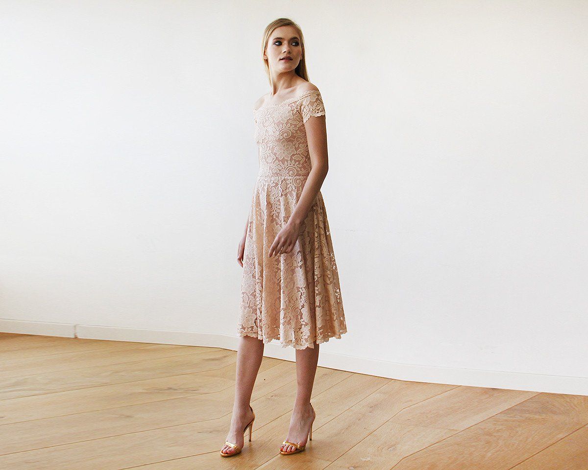 Short wedding dress, Blush Pink Off-The-Shoulder Midi Dress #1158 Short wedding dress, Blush Pink Off-The-Shoulder Midi Dress #1158