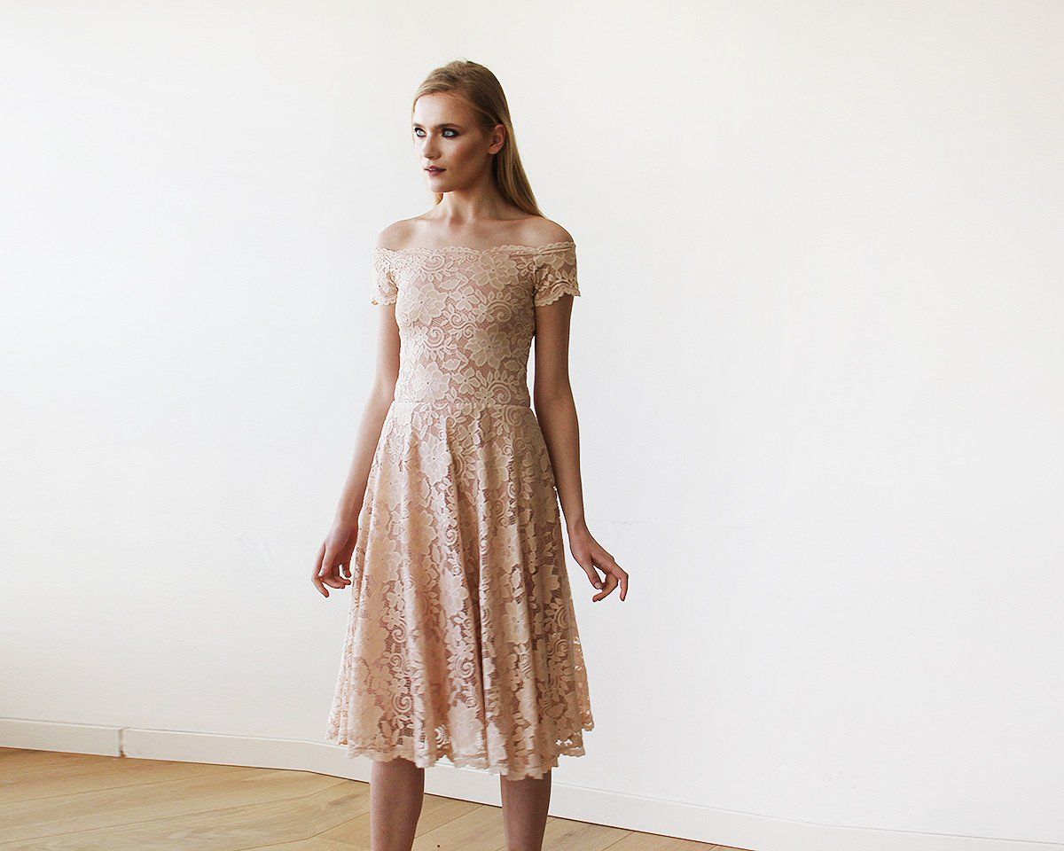 Short wedding dress, Blush Pink Off-The-Shoulder Midi Dress #1158 Short wedding dress, Blush Pink Off-The-Shoulder Midi Dress #1158