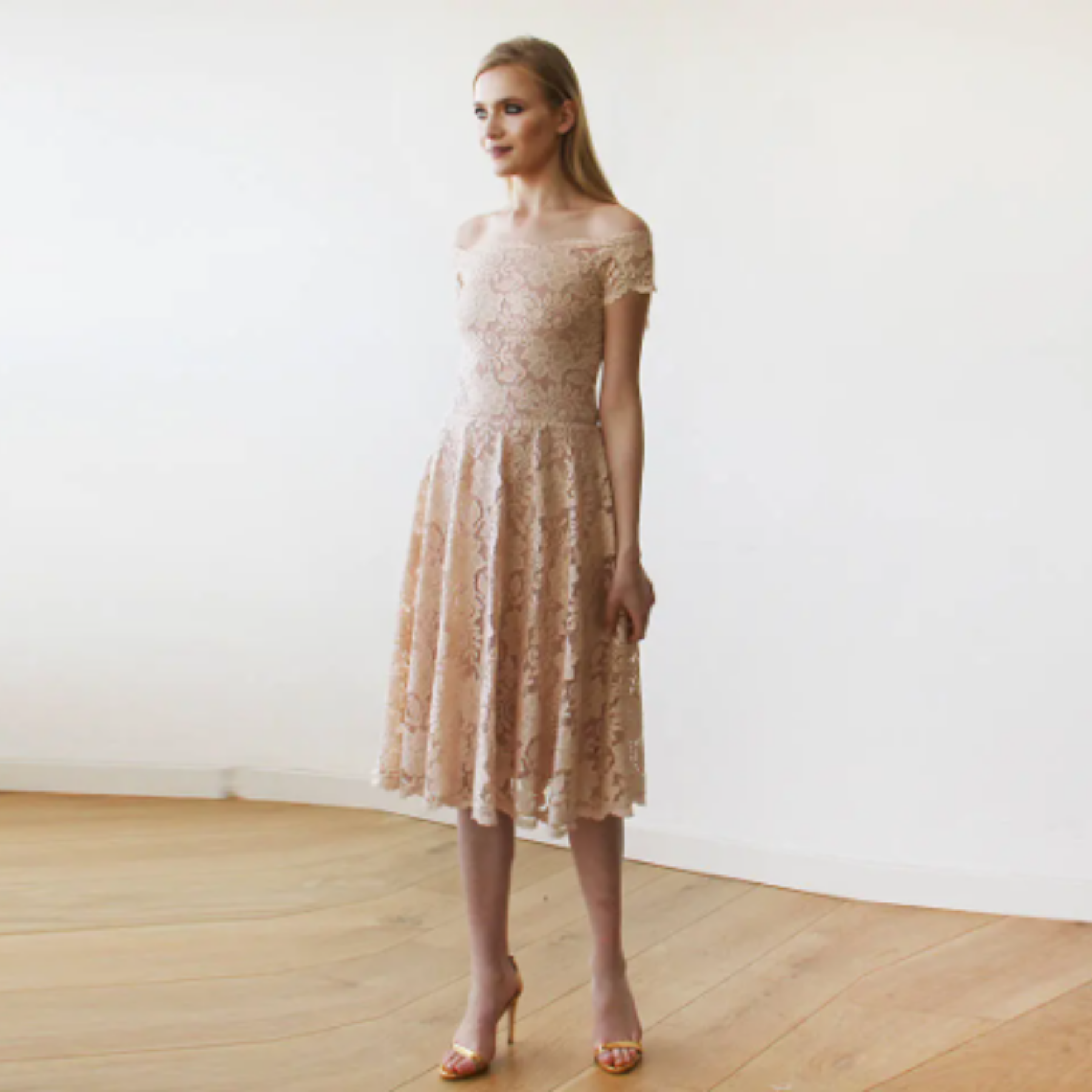 Short wedding dress, Blush Pink Off-The-Shoulder Midi Dress #1158