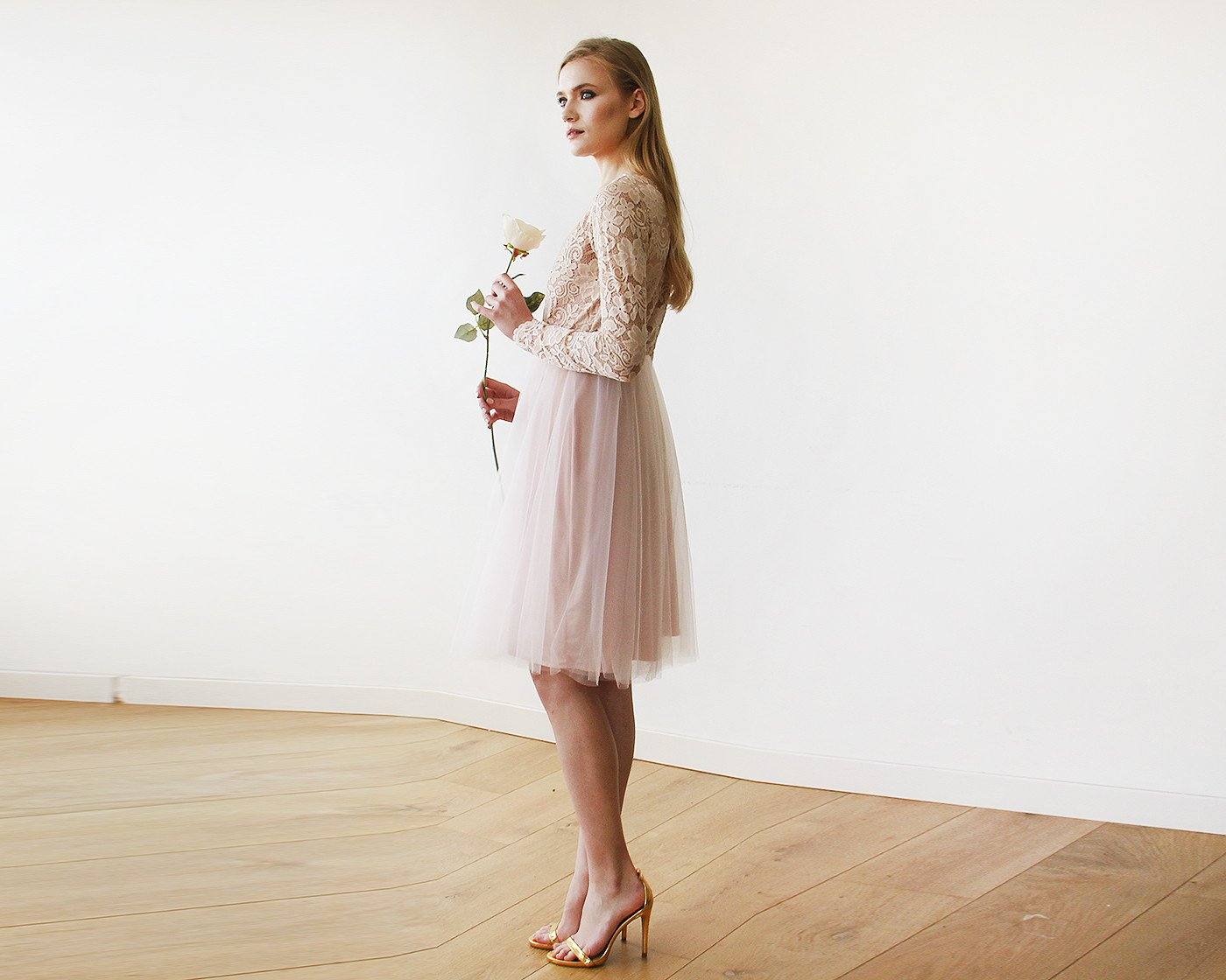 Short wedding dress ,Blush Pink Tulle & Lace Midi Long Sleeves Dress #1144 Short wedding dress ,Blush Pink Tulle & Lace Midi Long Sleeves Dress #1144