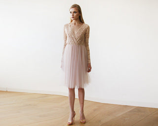 Short wedding dress ,Blush Pink Tulle & Lace Midi Long Sleeves Dress #1144 Midi Blushfashion