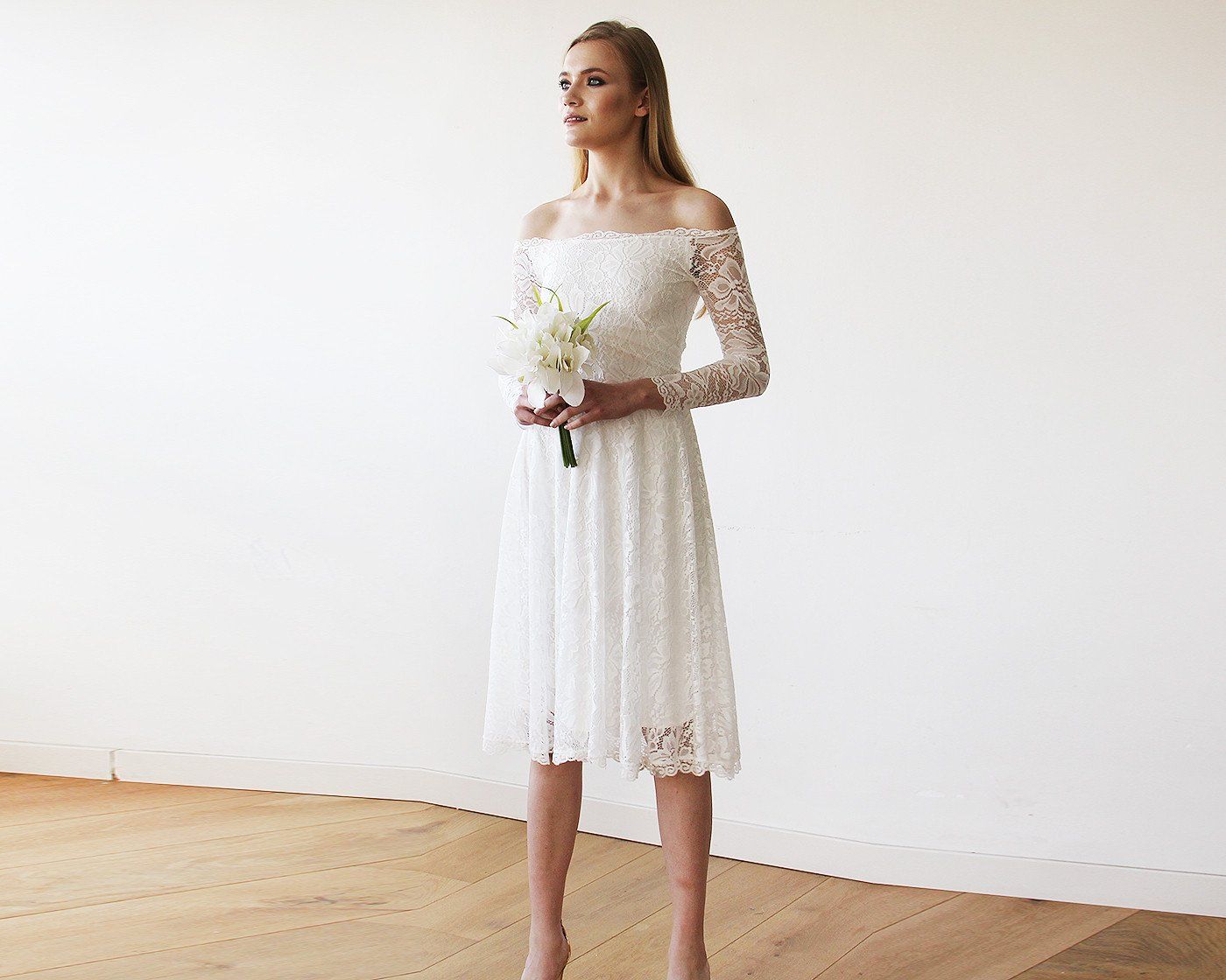 white lace off shoulder dress Short wedding dress ,Ivory Off-The-Shoulder Midi Dress #1149