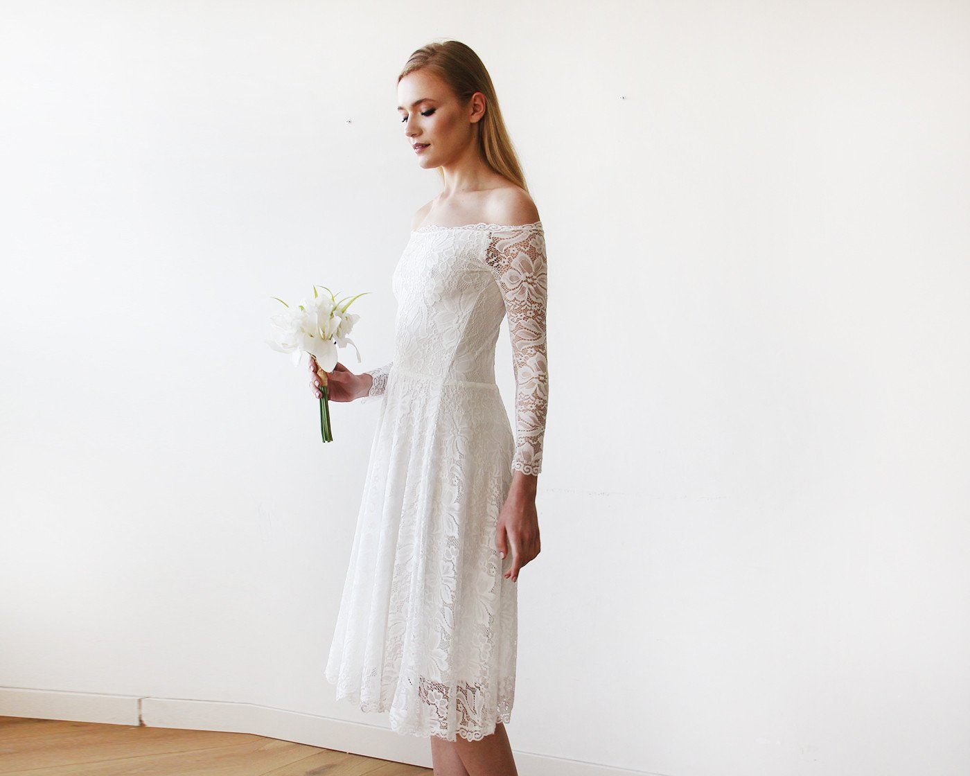 Short wedding dress ,Ivory Off-The-Shoulder Midi Dress #1149 Short wedding dress ,Ivory Off-The-Shoulder Midi Dress #1149