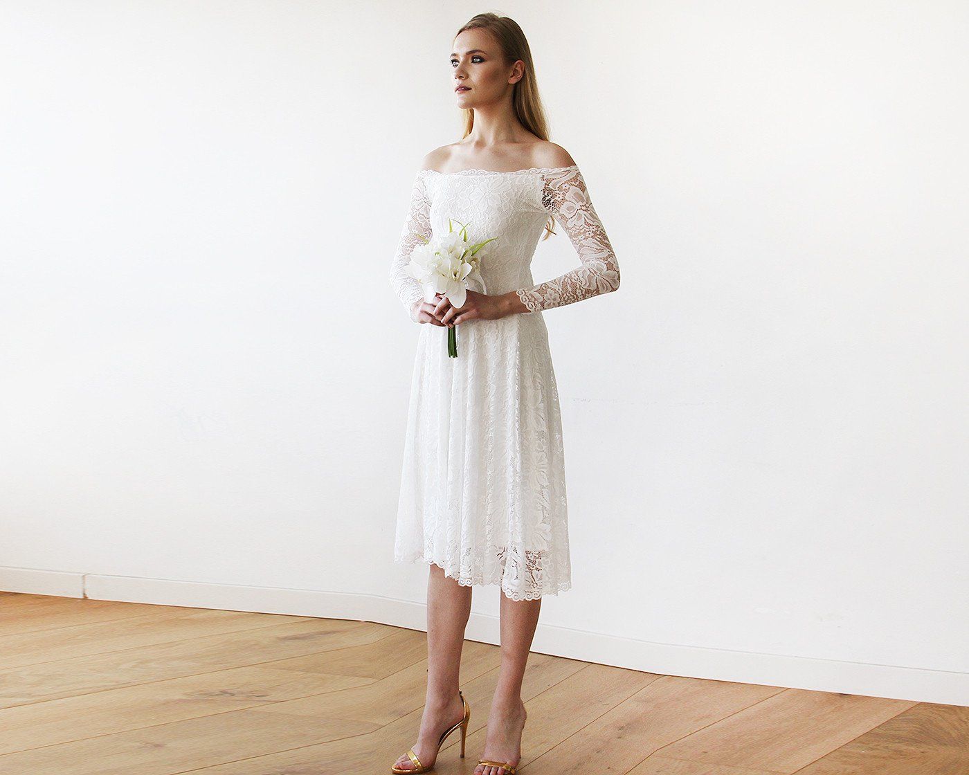 Short wedding dress ,Ivory Off-The-Shoulder Midi Dress #1149 Short wedding dress ,Ivory Off-The-Shoulder Midi Dress #1149
