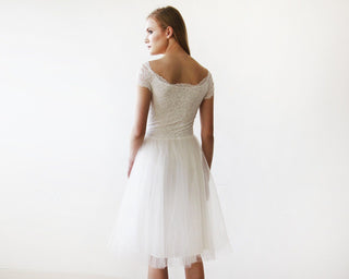 Short wedding dress ,Ivory Off-the-Shoulders Midi  Dress #1153 Midi Blushfashion