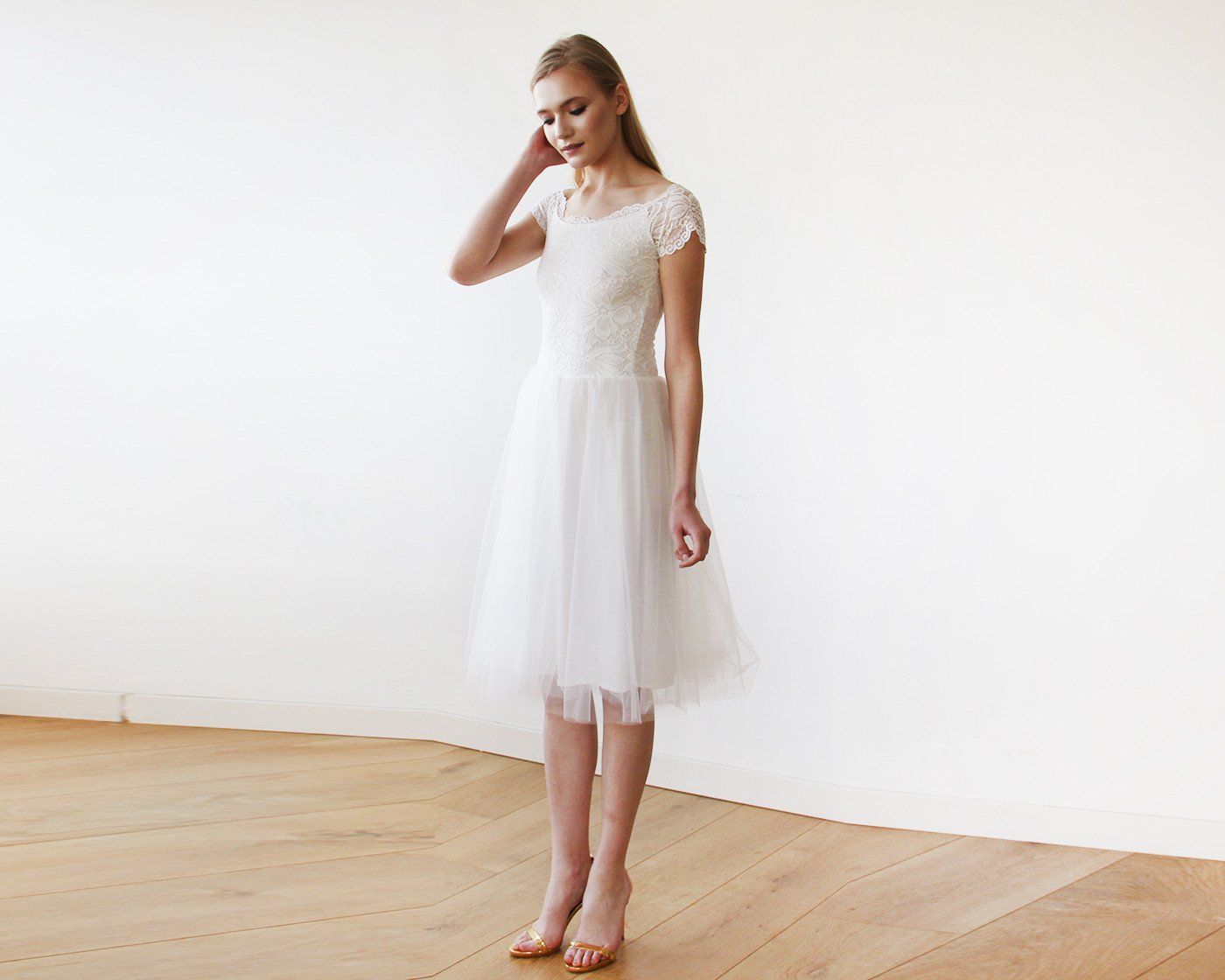 Short wedding dress ,Ivory Off-the-Shoulders Midi Dress #1153 Short wedding dress ,Ivory Off-the-Shoulders Midi Dress #1153