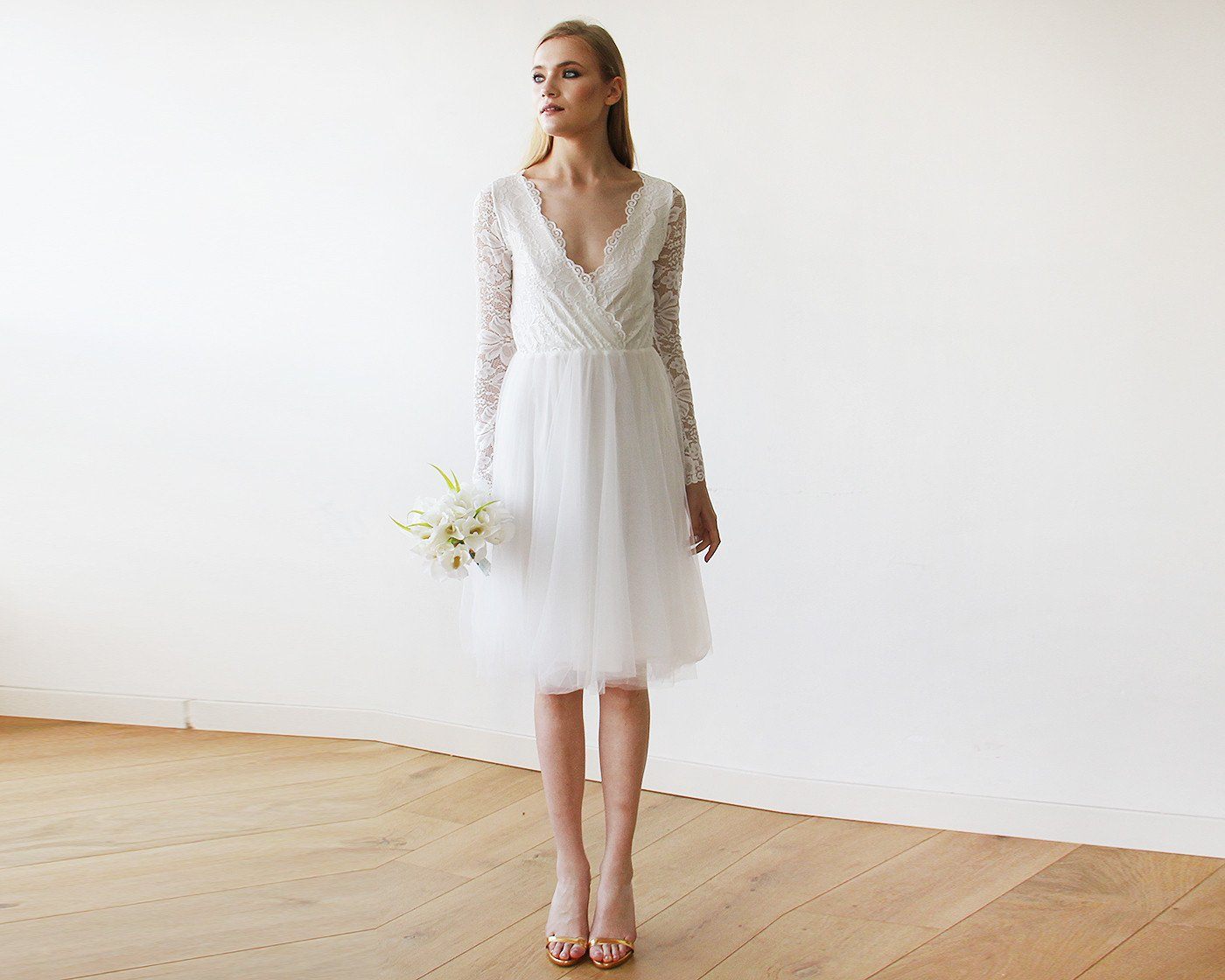 Short wedding dress ,Ivory Tulle Lace Midi Dress #1144