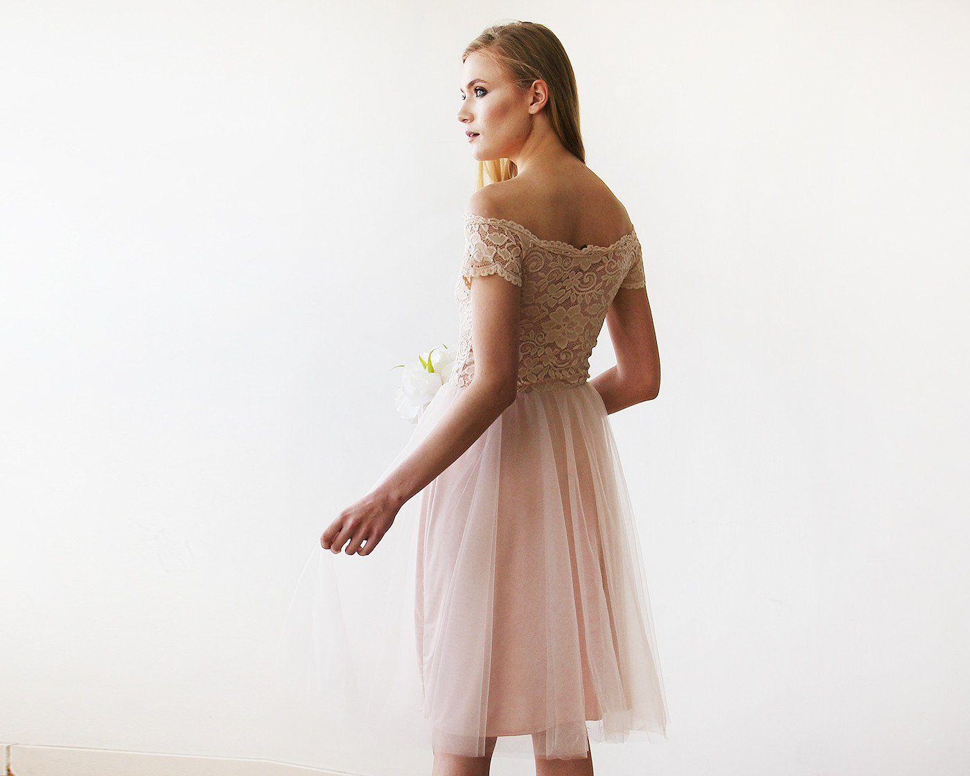 Short wedding dress ,Off-the-Shoulders Blush Pink Tulle & Lace Midi Dress #1153 Short wedding dress ,Off-the-Shoulders Blush Pink Tulle & Lace Midi Dress #1153