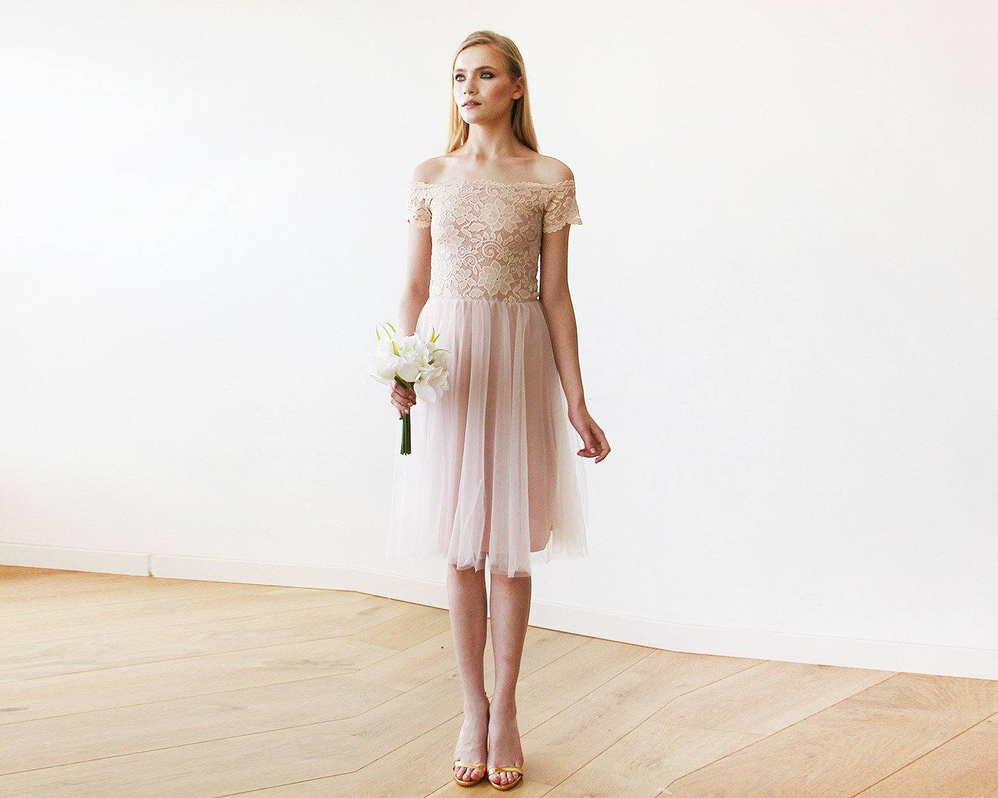 Short wedding dress ,Off-the-Shoulders Blush Pink Tulle & Lace Midi Dress #1153 Short wedding dress ,Off-the-Shoulders Blush Pink Tulle & Lace Midi Dress #1153