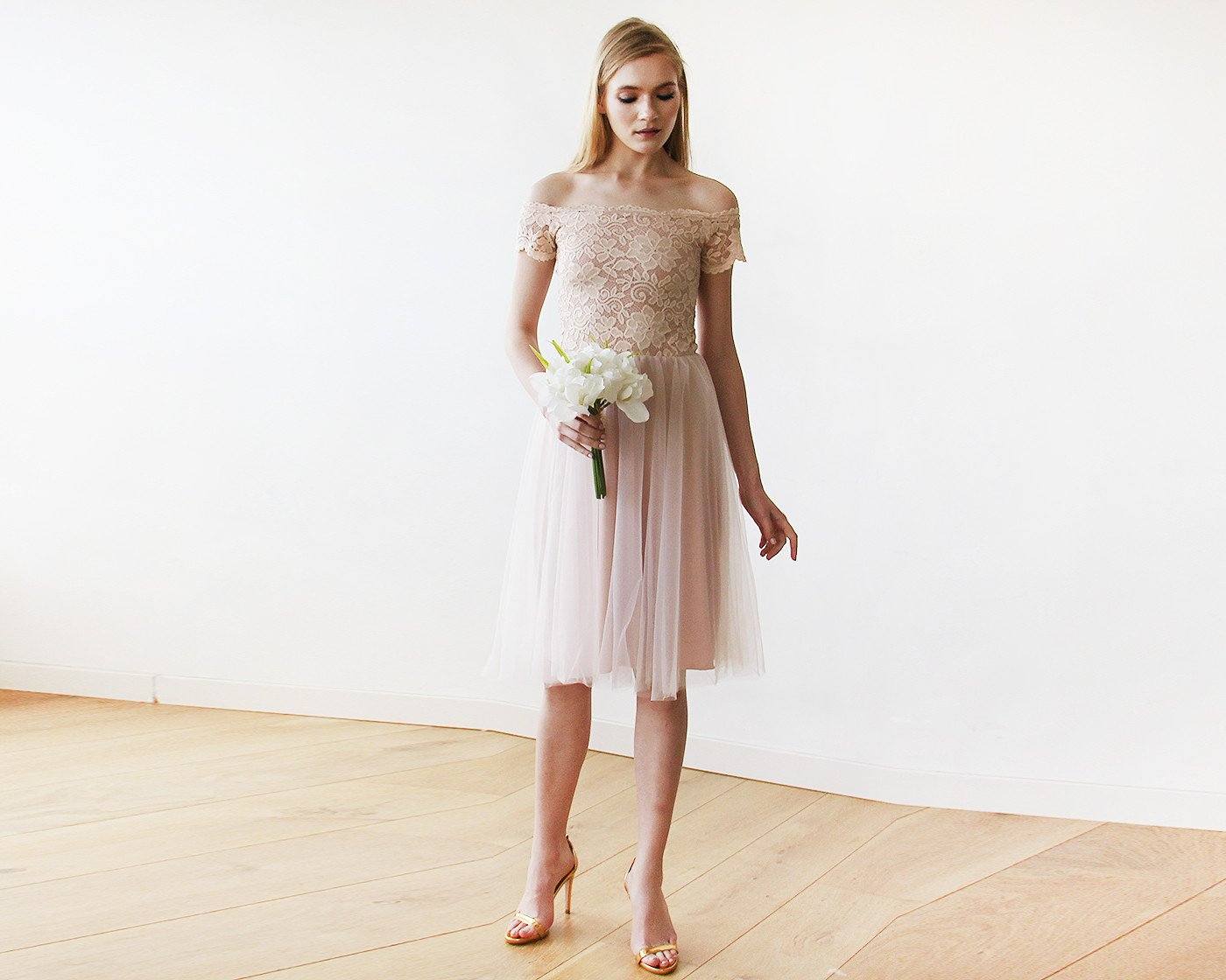 Short wedding dress ,Off-the-Shoulders Blush Pink Tulle & Lace Midi Dress #1153 Short wedding dress ,Off-the-Shoulders Blush Pink Tulle & Lace Midi Dress #1153