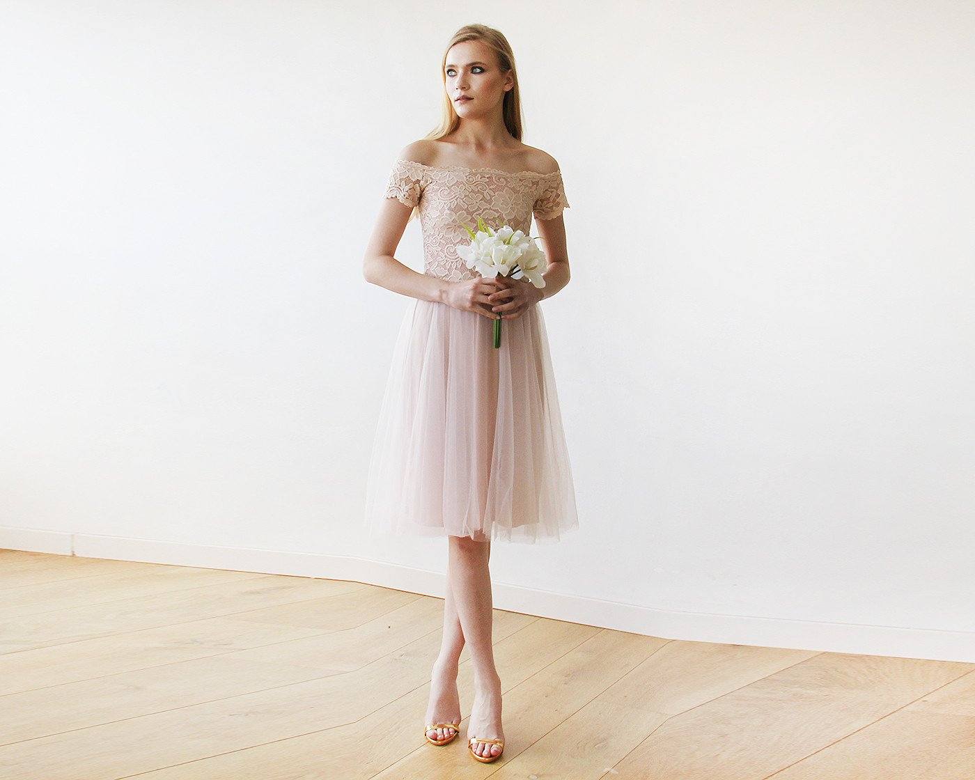 Short wedding dress ,Off-the-Shoulders Blush Pink Tulle & Lace Midi Dress #1153 Short wedding dress ,Off-the-Shoulders Blush Pink Tulle & Lace Midi Dress #1153