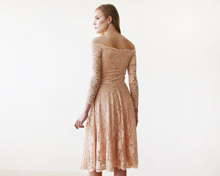 Short wedding dress ,Pink Off-The-Shoulder Floral Lace Long Sleeve Midi Dress #1149 Midi Blushfashion