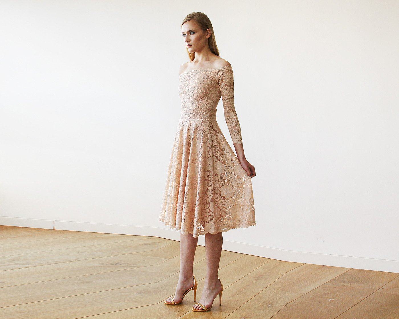 Short wedding dress ,Pink Off-The-Shoulder Floral Lace Long Sleeve Midi Dress #1149 Short wedding dress ,Pink Off-The-Shoulder Floral Lace Long Sleeve Midi Dress #1149