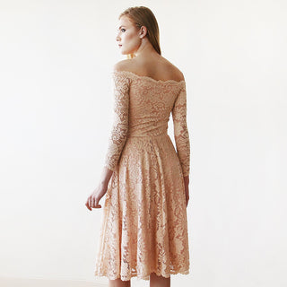 Short wedding dress ,Pink Off-The-Shoulder Floral Lace Long Sleeve Midi Dress #1149 Midi Blushfashion