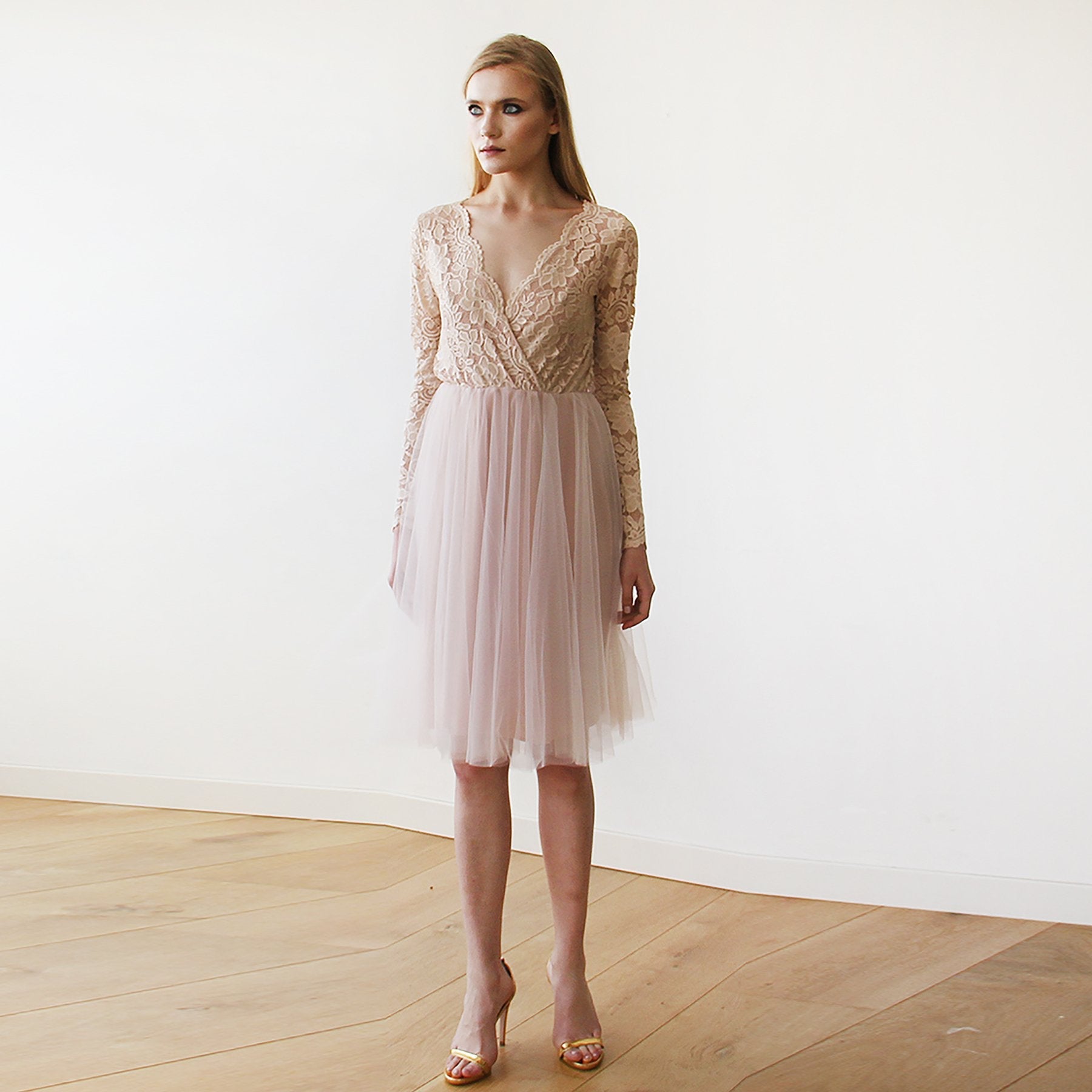 Short wedding dress ,Blush Pink Tulle Lace Midi Long Sleeves Dress