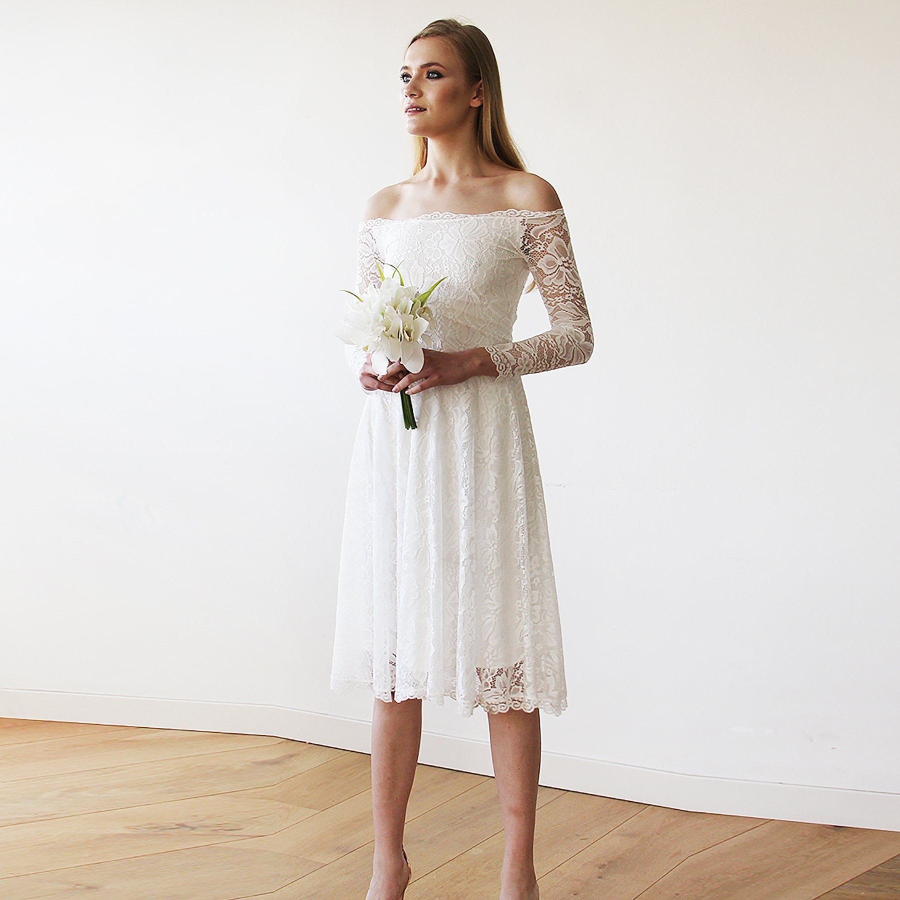 Short wedding dress ,Ivory Off-The-Shoulder Midi Dress #1149