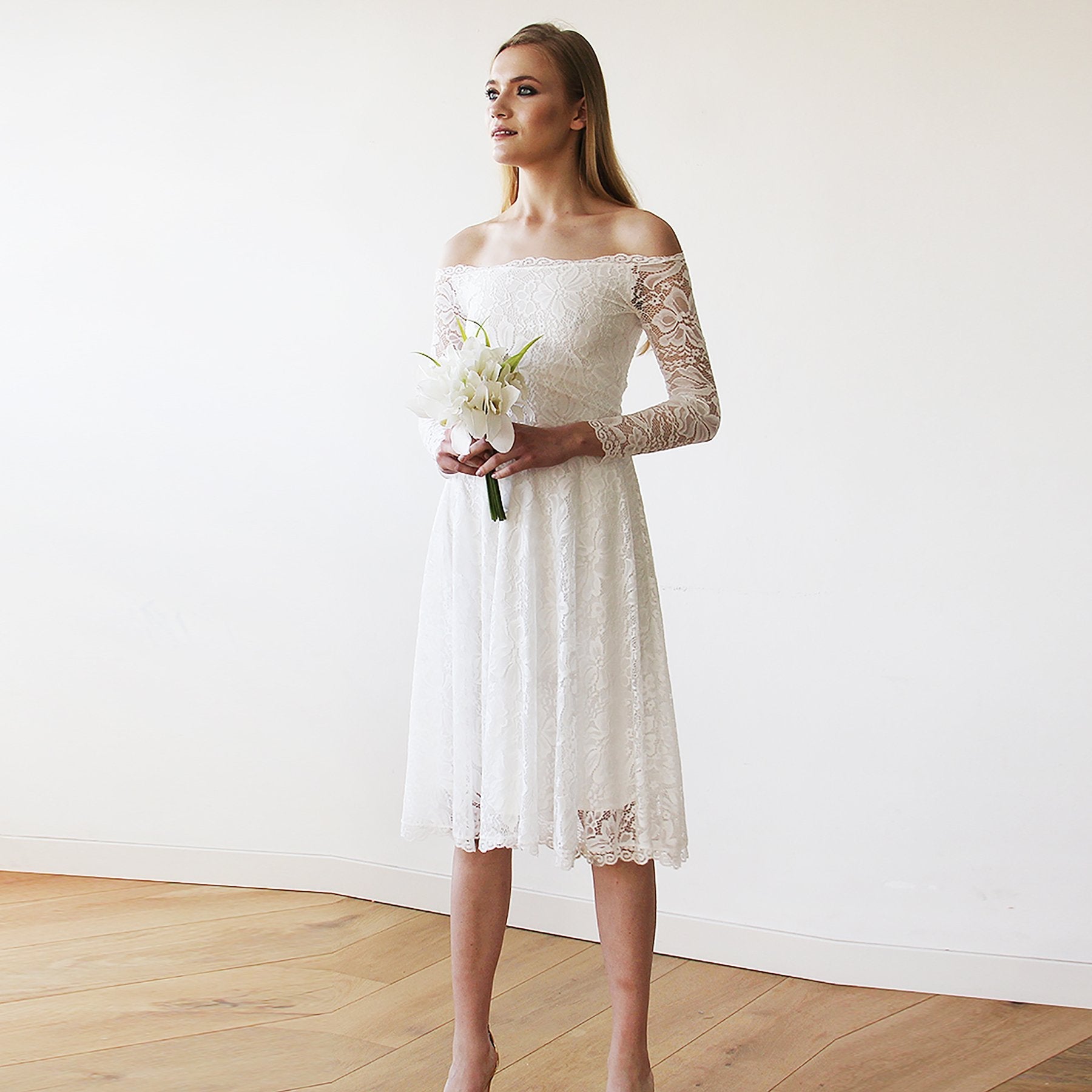 Short wedding dress ,Ivory Off-The-Shoulder Midi Dress #1149 Short wedding dress ,Ivory Off-The-Shoulder Midi Dress #1149