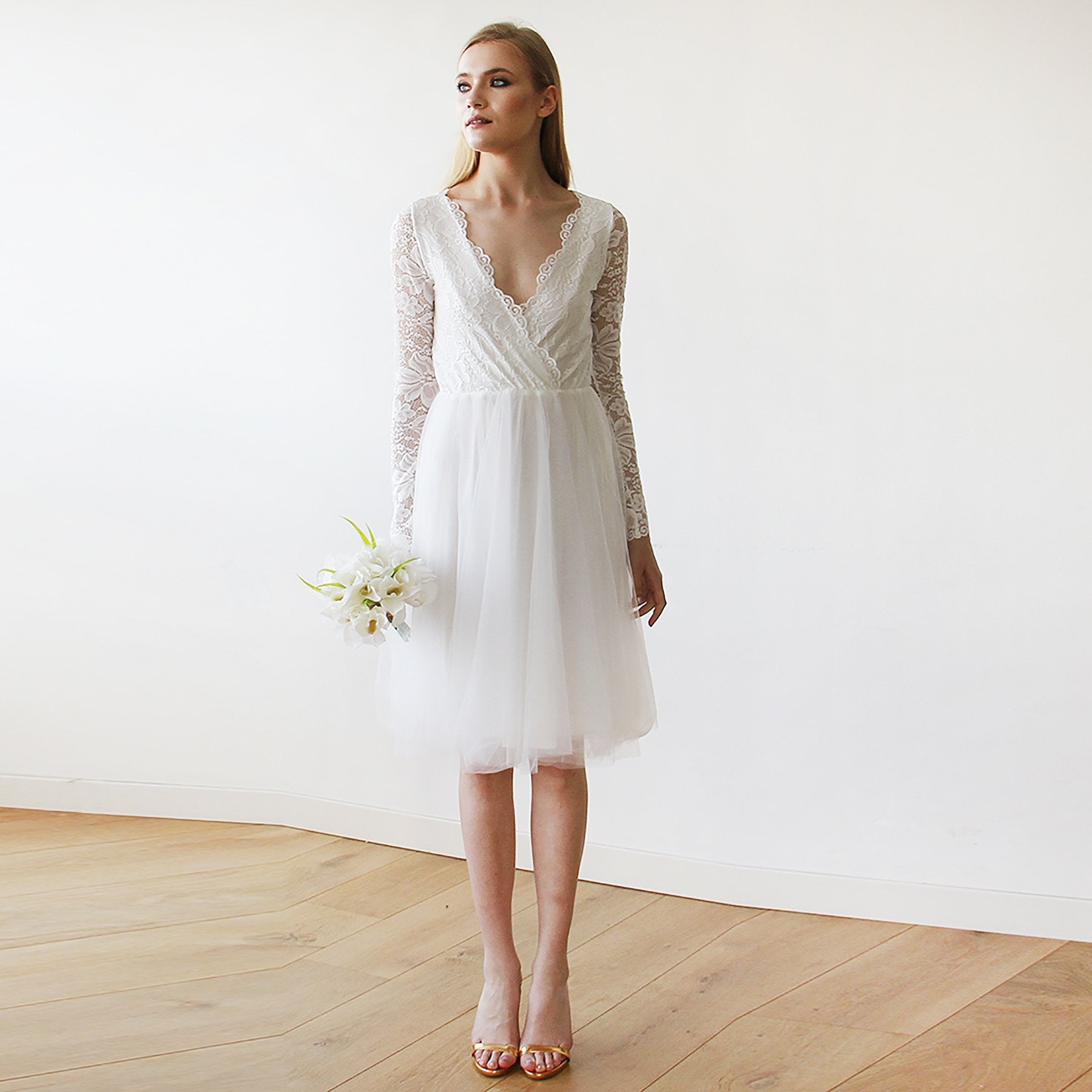 Short wedding dress ,Ivory Tulle & Lace Midi Dress #1144 Short wedding dress ,Ivory Tulle & Lace Midi Dress #1144