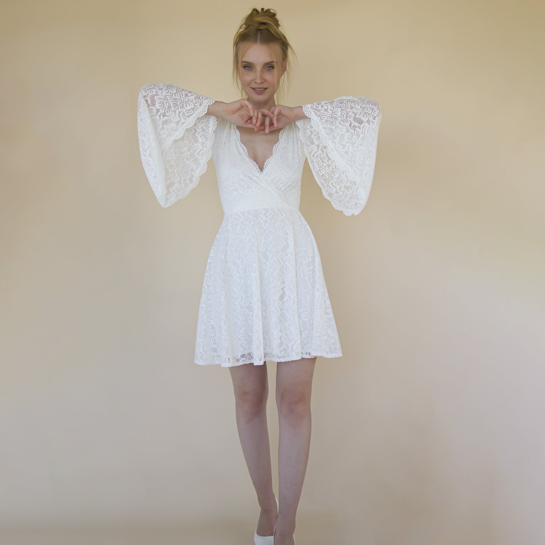 dress with short bell sleeves Bell Sleeve Short Linen Dress LORELEI