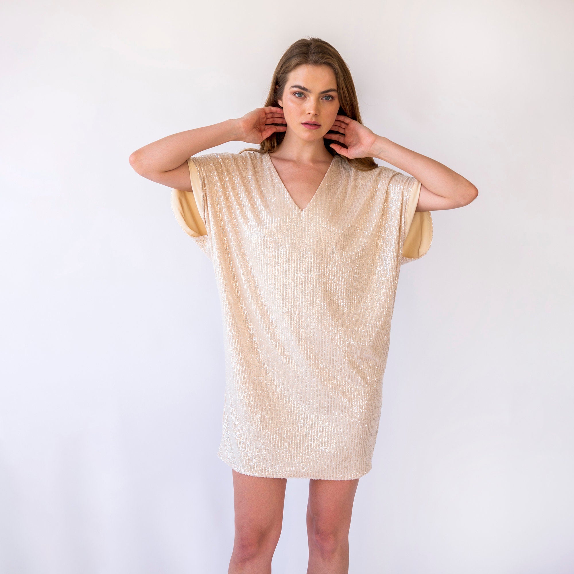 short sleeve sequin party dress Olivia Pink Metallic Sequin Party Dress
