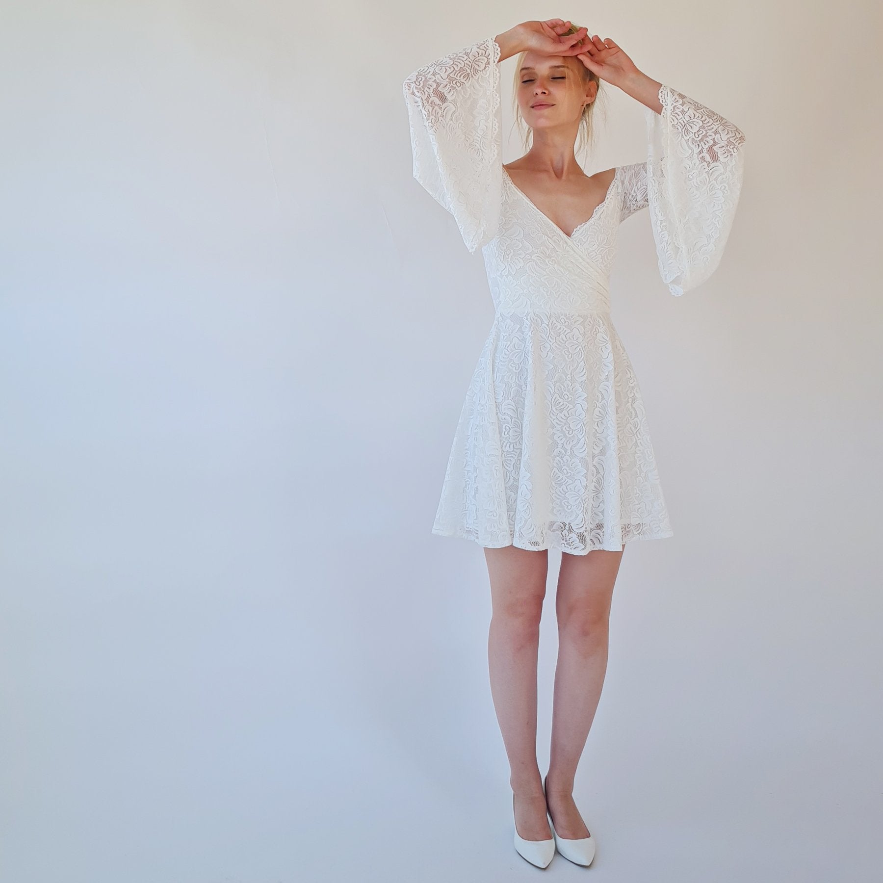 Short wedding dress, Off the shoulder mini length wedding dress with bell sleeves #1370 Short wedding dress, Off the shoulder mini length wedding dress with bell sleeves #1370