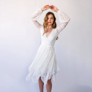 New Collection Boho T length Gipsy layered Boho Skirt, Short lace wedding dress, Wrap neckline, Puffy bracelet sleeves #1427 Blushfashion