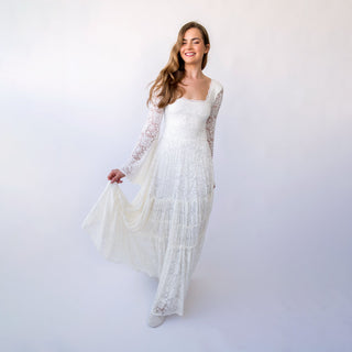 New Collection Square Neckline Belle sleeves with Gipsy layered Boho Skirt, Maxi lace wedding dress #1425 Blushfashion